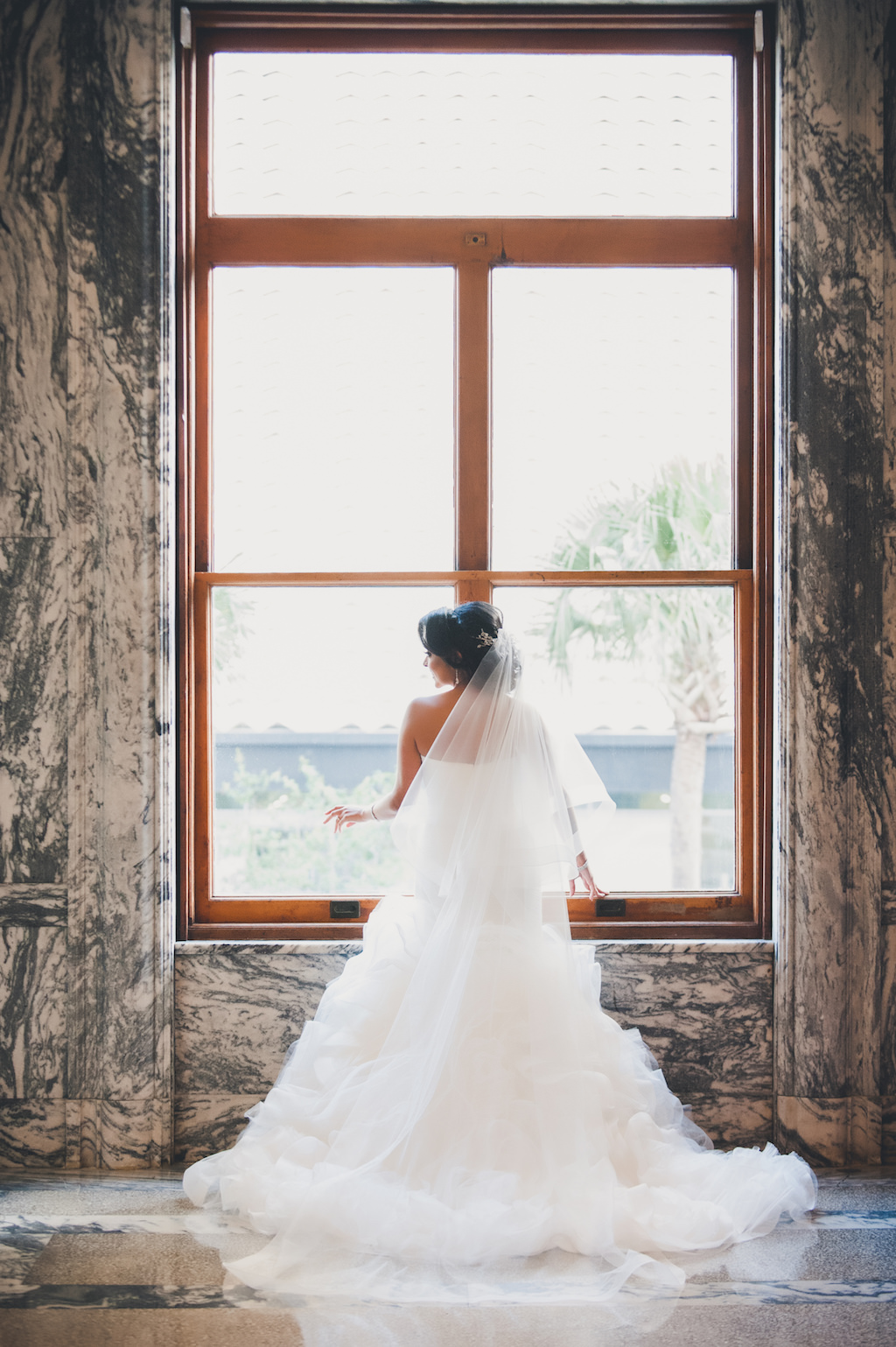 Interior Bridal Portrait in Pronovias Strapless Wedding Dress | Tampa Bay Wedding Accommodations and Bridal Suite Hotel Venue Le Meridien