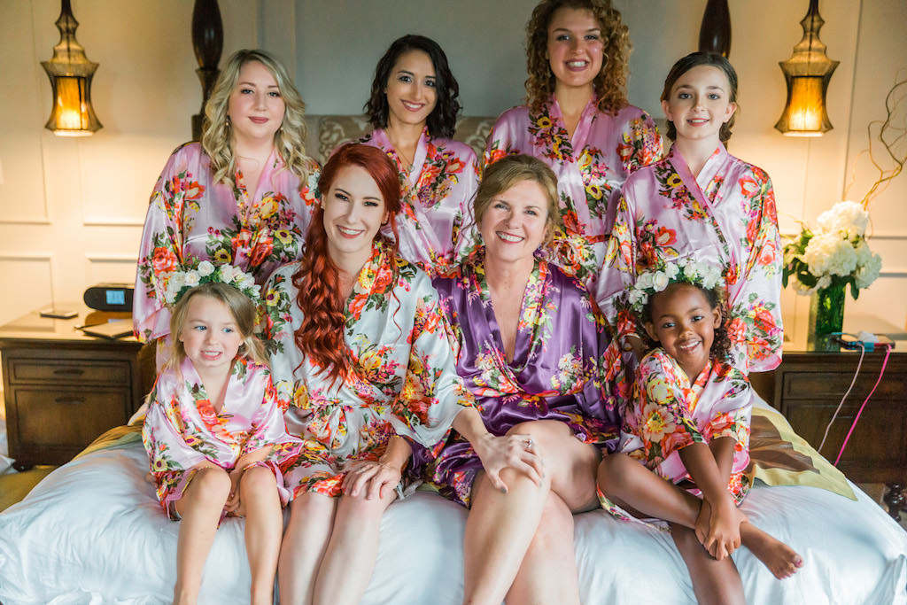 Bridal Party Portrait in Lavender and Purple Floral Silk Robes