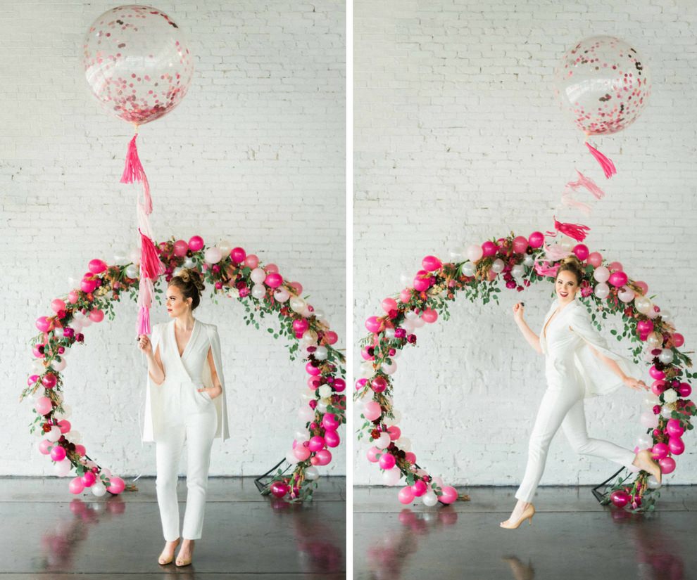 Pink and White Balloon, Branches, Greenery and Fuchsia Flowers Iron Circle Modern Wedding Arch | Lakeland Industrial Wedding Venue Haus 820