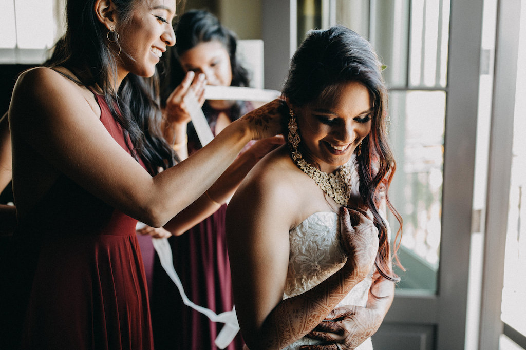 Bridesmaids in Red Mismatched Dresses and Bride Getting Ready Modern Indian Wedding Portrait, | Tampa Bay Wedding Photographer Rad Red Creative