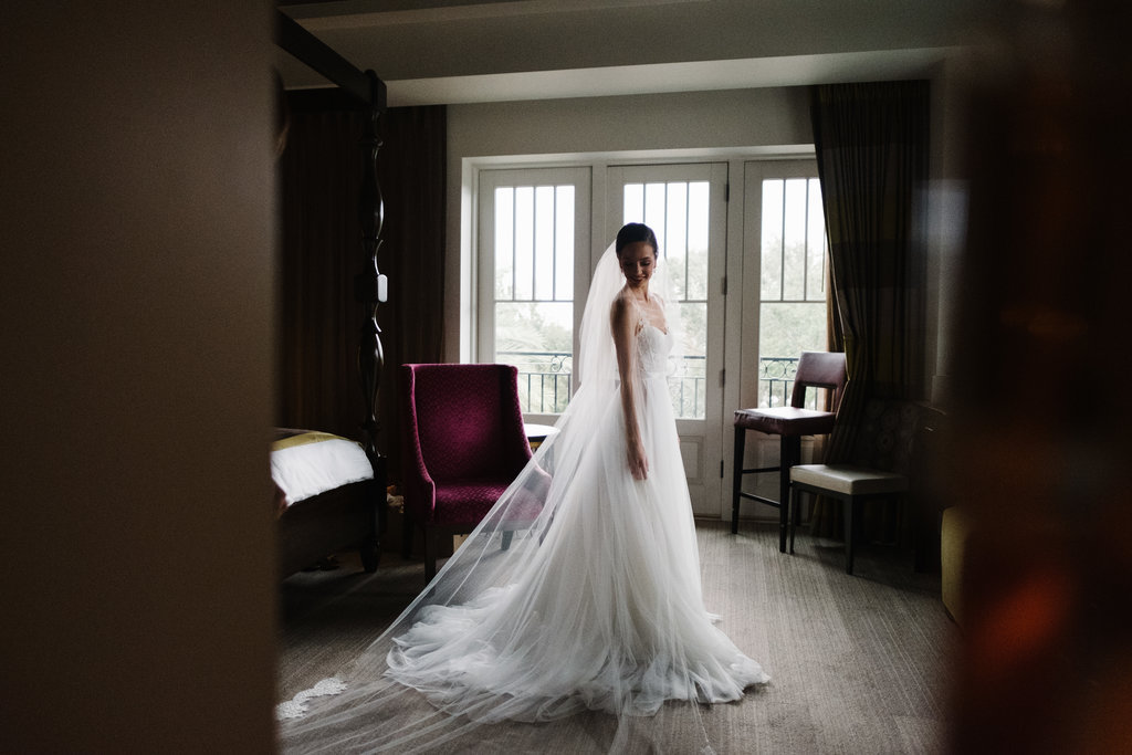 Bride Getting Ready Portrait in A Frame Lace Illusion Strap Watters Wedding Dress | St Pete Hotel Wedding Venue The Birchwood