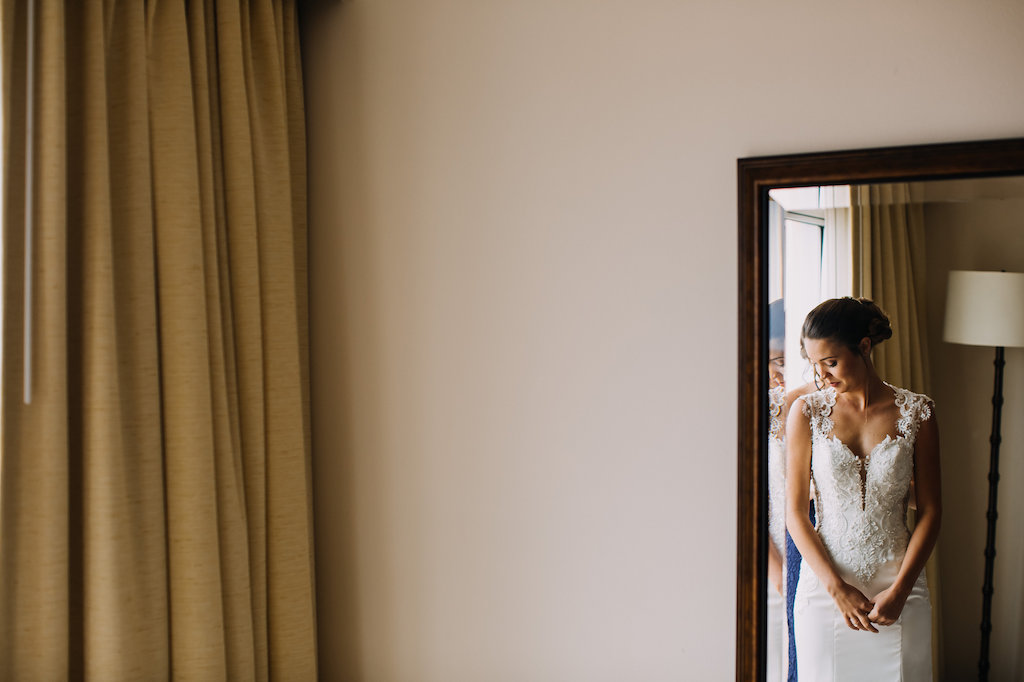 Indoor Bridal Getting Ready Portrait in Lace Illusion Cap Sleeve Sincerity Bridal Wedding Dress | Tampa Bay Wedding Photographer Red Rad Creative
