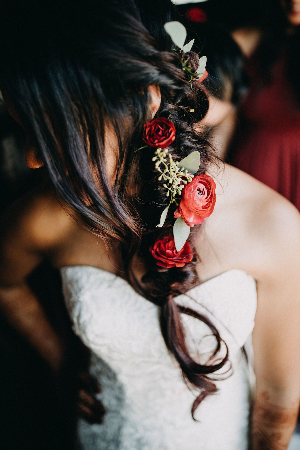 Bride Getting Ready Portait with Side Braid with Red Roses and Greenery | Tampa Wedding Photographer Rad Red Creative