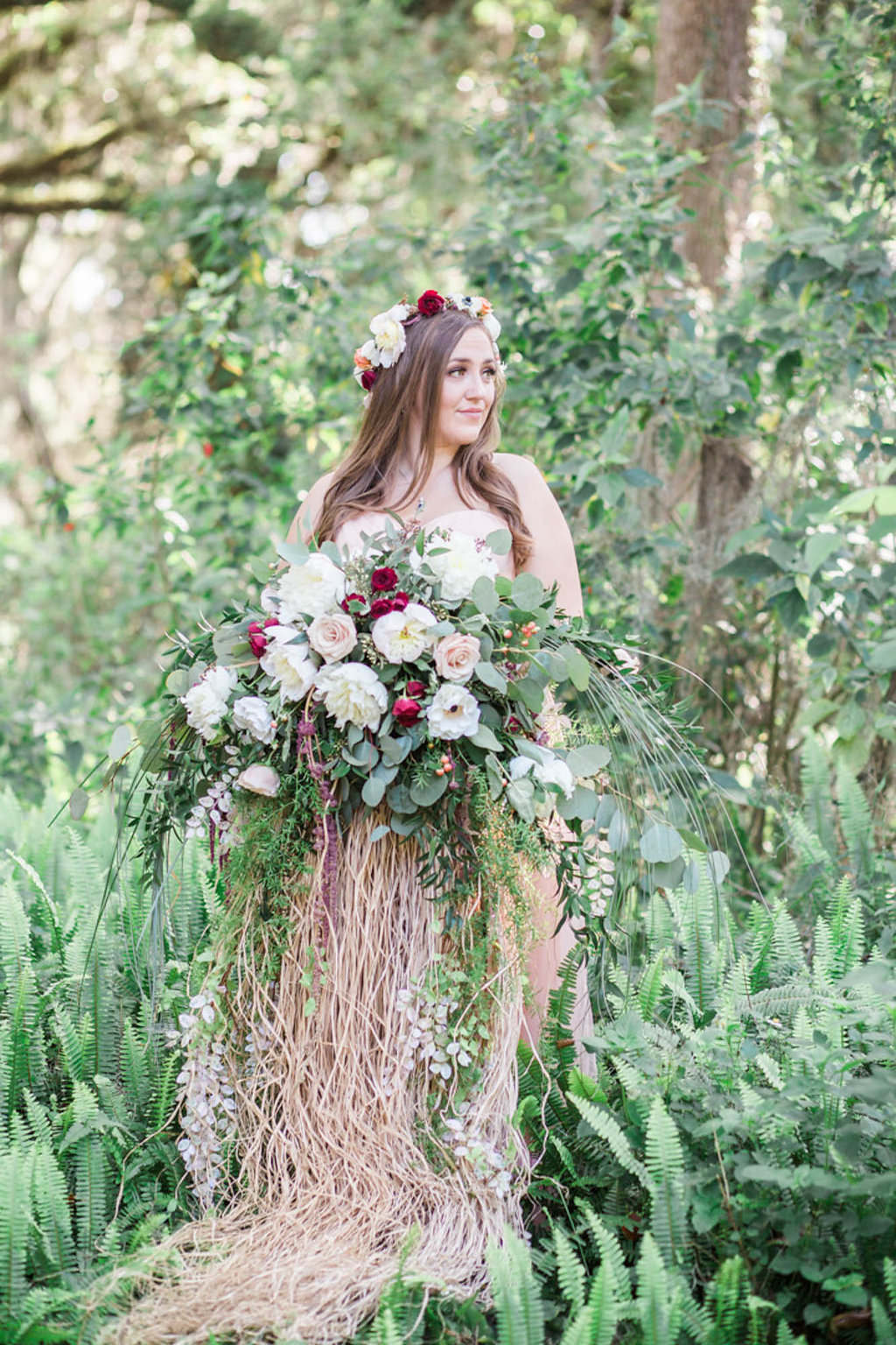 Boho Bride with Flower Crown, Oversized White and Red Bouquet and Blush Pink Wedding Dress | Outdoor Whimsical Garden Wedding Inspiration