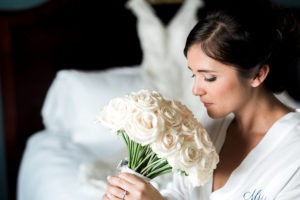 Bride Getting Ready Portrait in Custom Monogramed Blue and White Robe with White Rose Wedding Bouquet