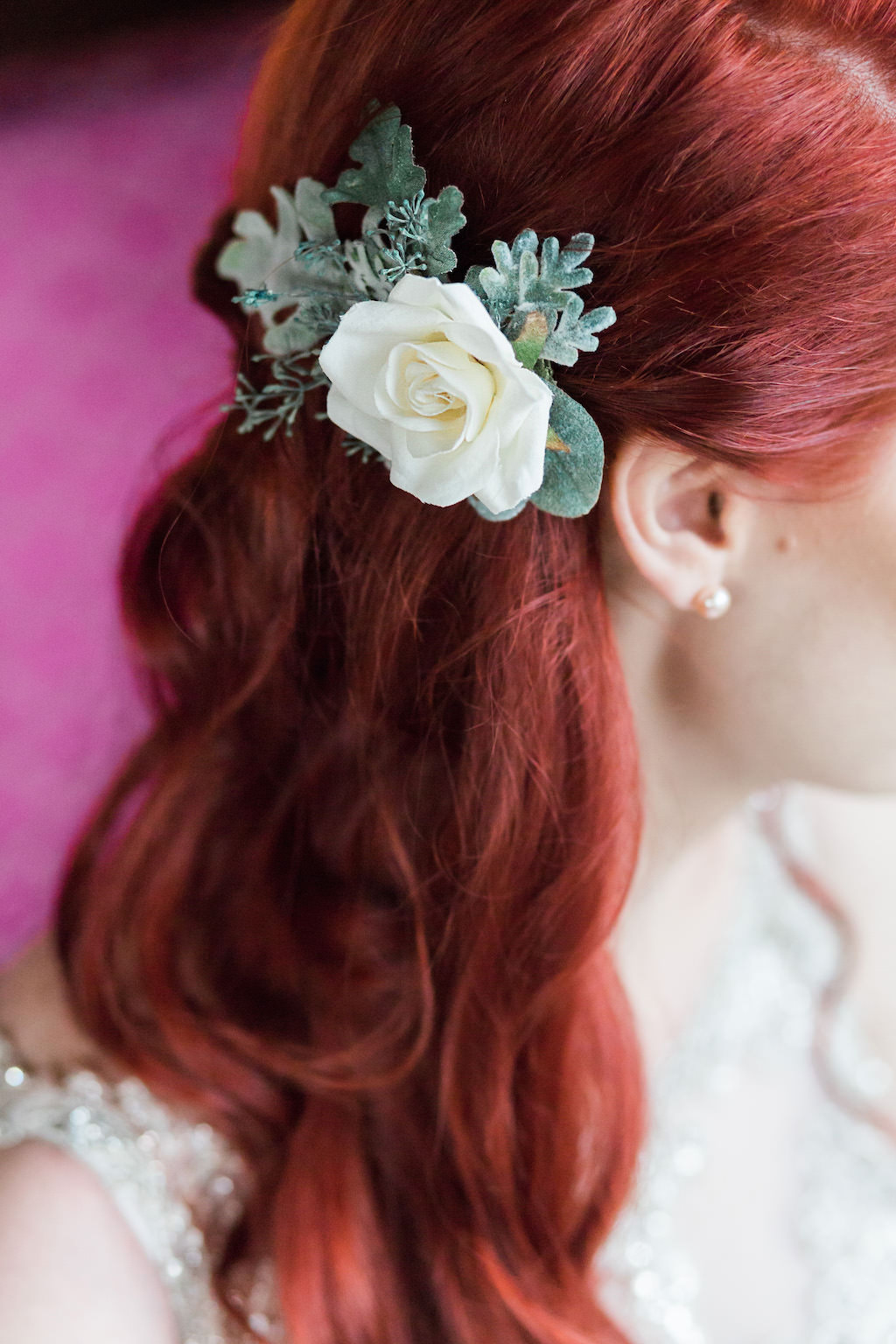Red Haired Bride Getting Ready Portrait with White Floral and Greenery Hair Accessory | St. Pete Wedding Florist Cotton and Magnolia