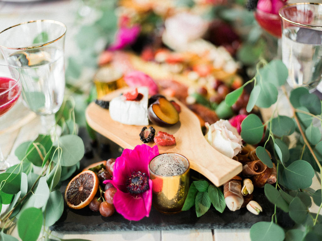 Modern Fuchsia Wedding Charcuterie Board with Greenery | Lakeland Florida Wedding Caterer Tastes of Tampa Bay