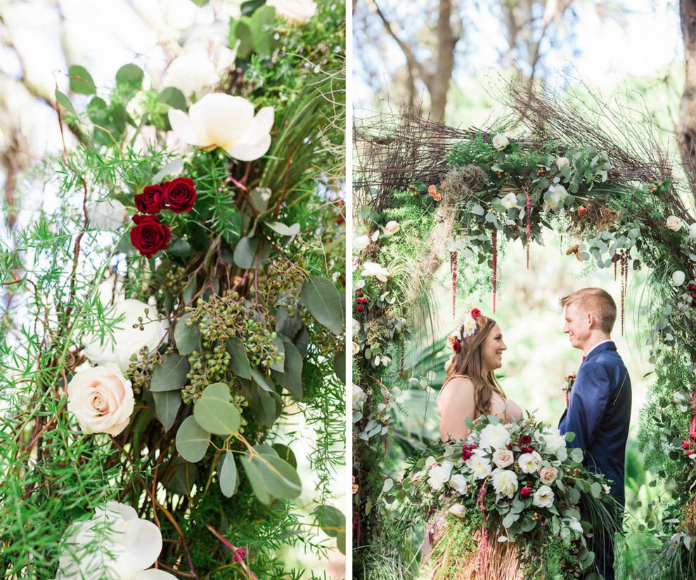 Outdoor Whimsical Garden Wedding Ceremony Inspiration with Rustic Arch and White and Deep Red Flowers