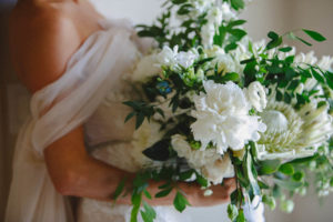Bridal Portrait with White Floral and Greenery Wedding Bouquet