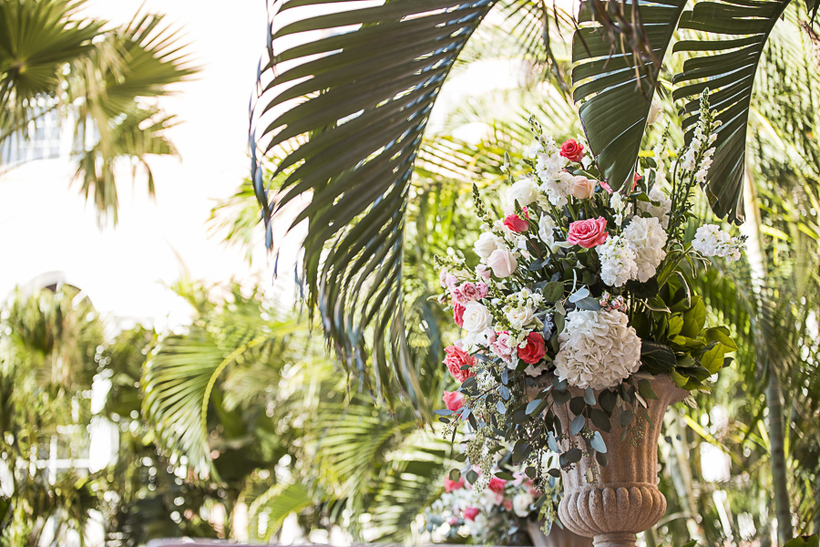 Tropical Outdoor Wedding Ceremony Decor Large Pink Rose and White Floral with Greenery Stone Planter