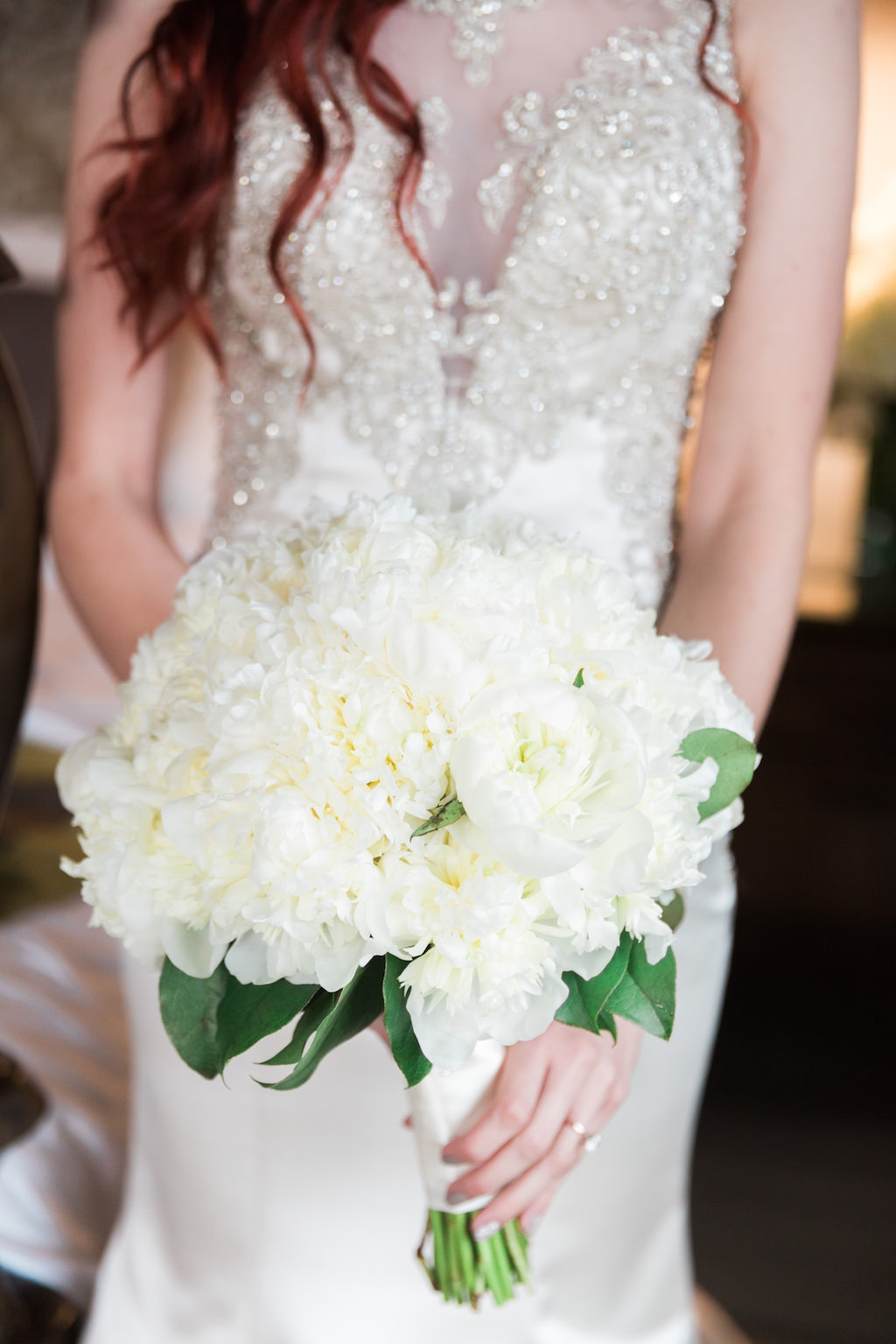 Interior Bridal Portrait with White Peony with Greenery Bouquet | Tampa Bay Wedding Florist Cotton and Magnolia