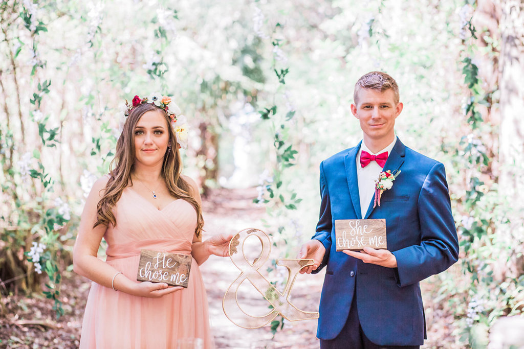 Bride and Groom Wedding Portrait with He Chose Me Sign