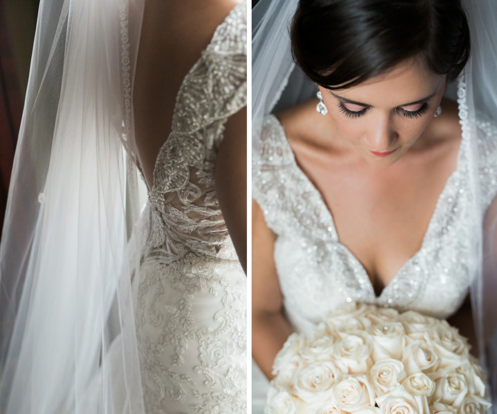 Bride Getting Ready Portrait in Jeweled Lace Maggie Sottero Wedding Dress with white Rose Bouquet