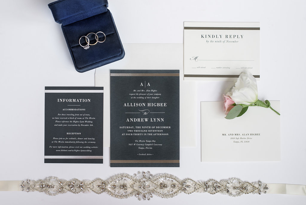 Navy and White Printed Invitation Suite with Gold Horizontal Lines, with Wedding Rings and Engagement Band and Jeweled Bridal Garter