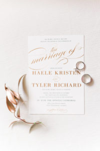 Stylish Copper and White Wedding Invitation with Engagement Ring and Wedding Band