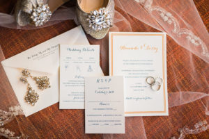 Gold Navy Blue and White Wedding Invitation Suite with Rings and Rhinestone Bridal Earrings and Gold Glitter Peep-toe Jeweled Shoes