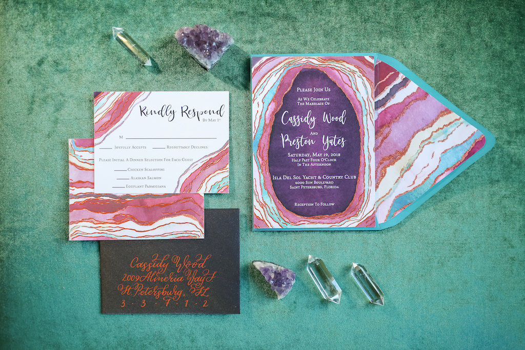 Pink, Purple and Turquoise Agate Inspired Wedding Invitation Suite with Copper Foil on Black Envelope | Tampa Bay Wedding Paper Goods Sarah Bubar Designs