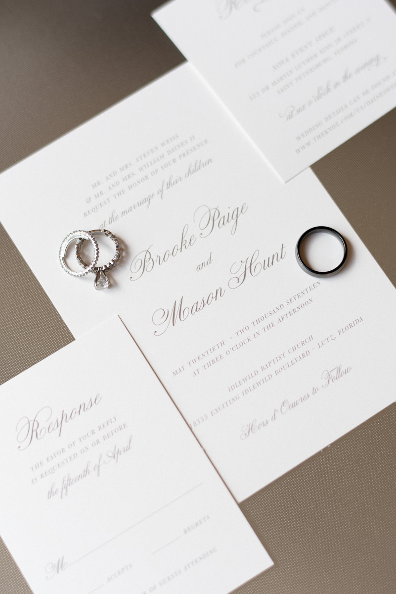 Elegant, Classic Tradition White Wedding Invitations with Gold Script Font
