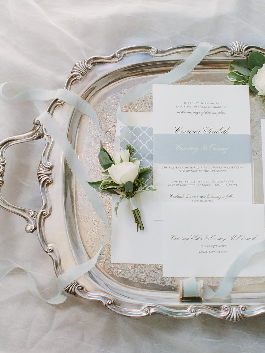 Elegant Light Blue and White Wedding Invitation Suite with White Rose and Greenery Boutonniere