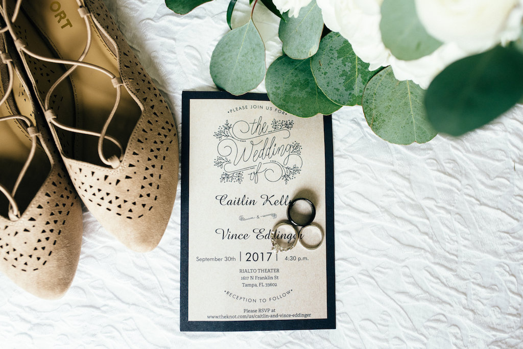 Vintage Travel Inspired Taupe and Navy Wedding Invitation with Pointed Toe Suede Flat Wedding Shoes, and Wedding Ring and Black Mens Wedding Band