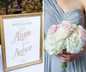 Elegant Gold Script Wedding Welcome Sign in Gold Frame, and Bridesmaid Portrait in Gray One-shoulder Dress with White and Pink Rose Bouquet