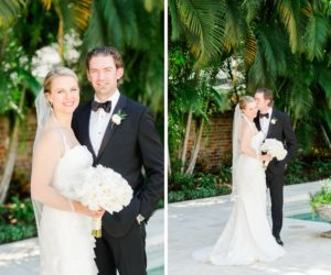 Outdoor Garden Bride and Groom Portrait, Bride in Strapless Robert Bullock Wedding Dress with WHite Peony Bouquet, Groom in Black Tux with WHite Floral and Greenery Boutonniere | Tampa Bay Wedding Photographer Ailyn La Torre