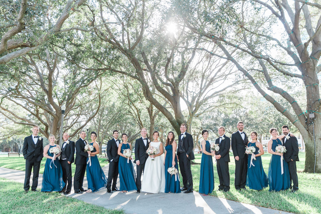 Outdoor Park Wedding Party Portrait, Bridesmaids in Floorlength Azazie Matching Halter Blue Dresses with White and BLush Pink Bouquets with Long RIbbon