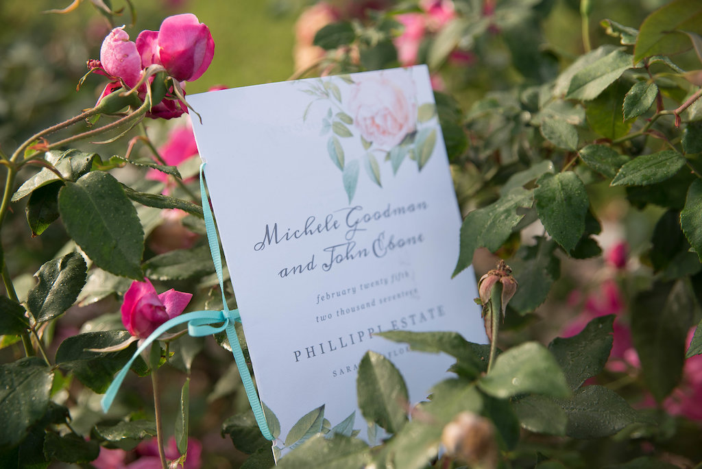 Outdoor Garden Wedding Invitation Elegant Blue Script on White with Light Blue Ribbon and Rose and Greenery
