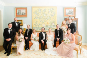 Indoor Wedding Party Portrait, Bridesmaids in Mismatched Blush Dresses, Groomsmen in Black Tuxes, with Blush and White Floral with Greenery Bouquets | Tampa Bay Wedding Photographer Ailyn La Torre Photography