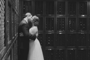 Indoor Wedding Portrait with Wine Cooler, Bride in Strapless A Line Maggie Sottero Dress | Tampa Bay Wedding Photographer Carrie Wildes Photography | Downtown Wedding Venue The Tampa Club