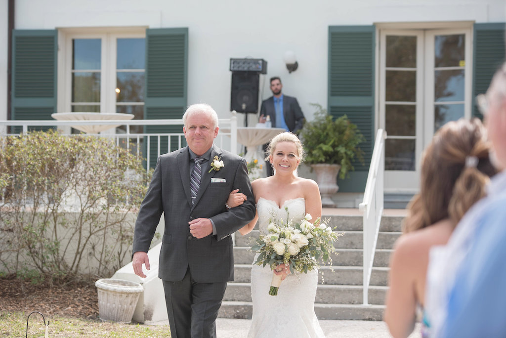 Outdoor Wedding Ceremony Bride and Father Portrait, Bride with White Rose and Natural Greenery Bouquet | Sarasota Wedding Photographer Kristen Marie Photography