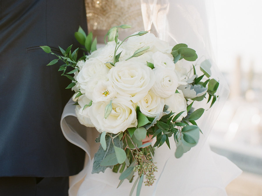 Outdoor Bride and Groom Wedding Portrait with White Rose and Natural Greenery Bouquet