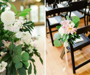 Indoor Wedding Ceremony Decor with White and BLush Flowers with Natural Greenery in Tall Planter, and Mismatched Dark Wooden Chairs with Pink Flowers and Long Ribbon