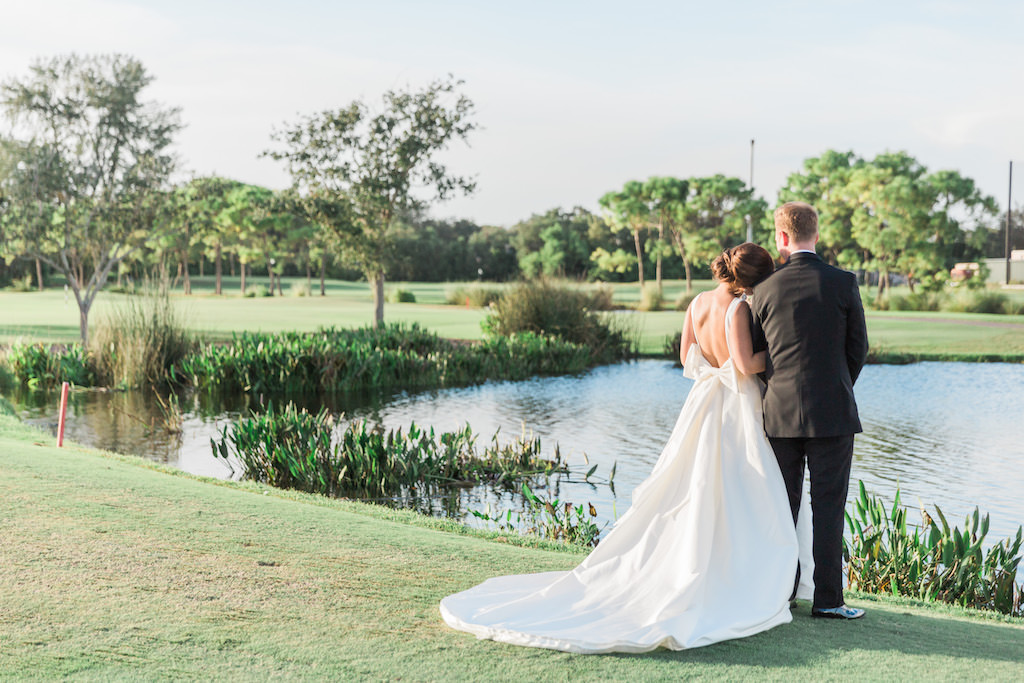 Outdoor Park Bride and Groom Wedding Portrait, Bride in Open Back with Bow Rosa Clara Bridal Dress