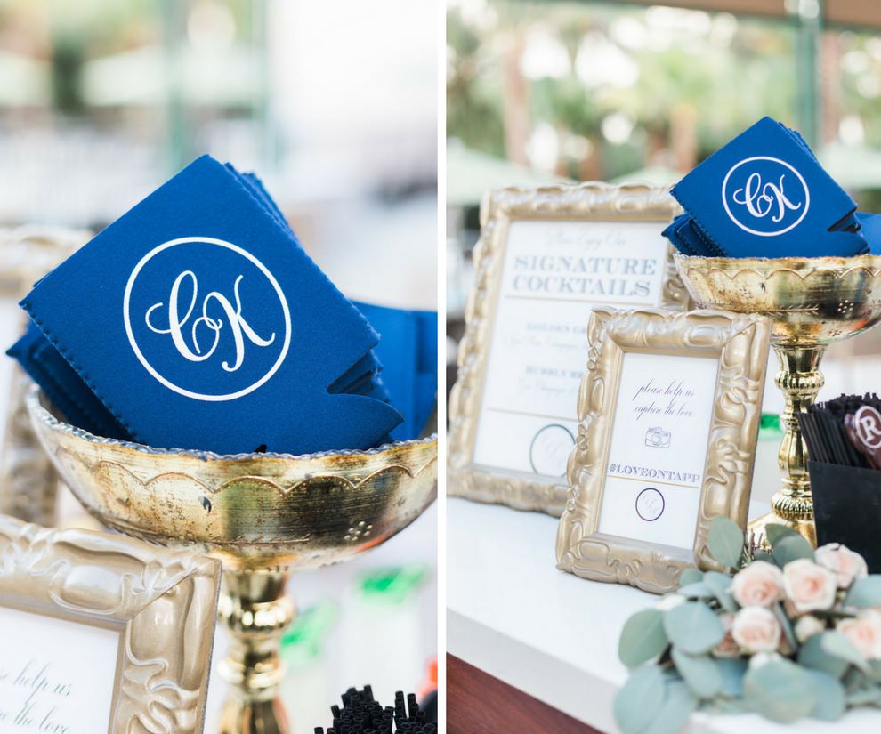 Custom Monogram Wedding Favor Blue and White Koozies in Gold Dish, with Printed Bar Menus in Antique Gold Frames | Tampa Bay Wedding Invitations and Monogram A and P Designs