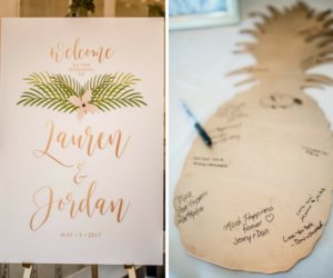 Tropical Blush and Gold Wedding Reception Printed Welcome Sign and Wood Pineapple Cutout Guest Book