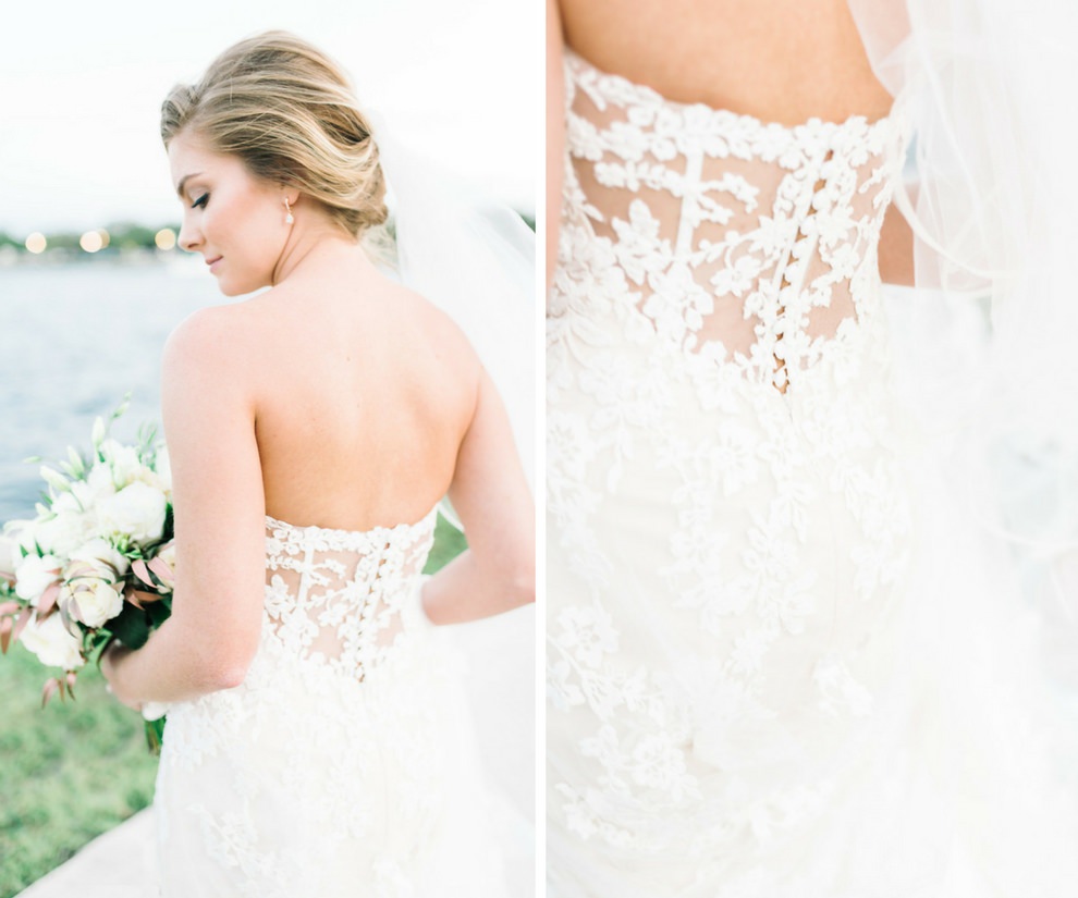 Outdoor Bridal Portrait wearing Illusion Lace Strapless Enzoani Wedding Dress