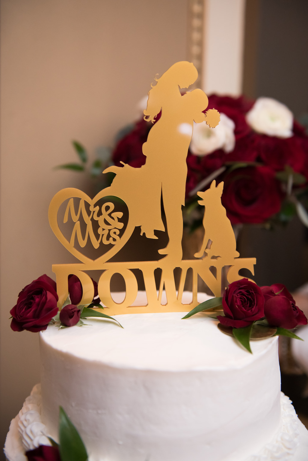 Gold and Burgundy Wedding Two tier round white Wedding Cake with Custom Silhouette Bride and Groom and Dog Cake Topper with Red Roses