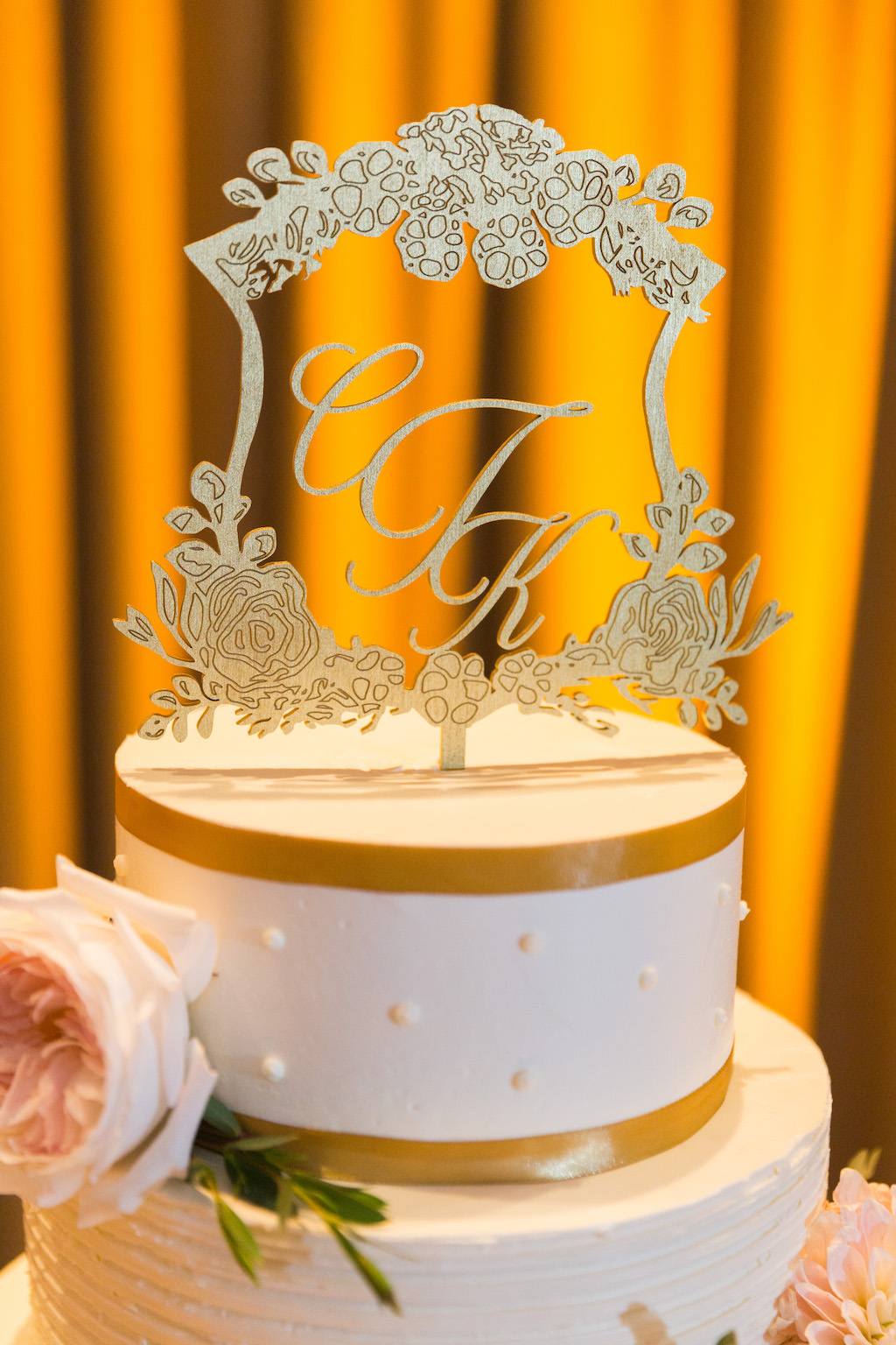 Round White with Gold Ribbon Stripes Wedding Cake with Ornate Custom Monogram Floral Framed Cake Topper | St Pete Wedding Stationary and Monograms A and P Designs | Historic Hotel Wedding Venue, Caterer, and Cake Vinoy Renaissance