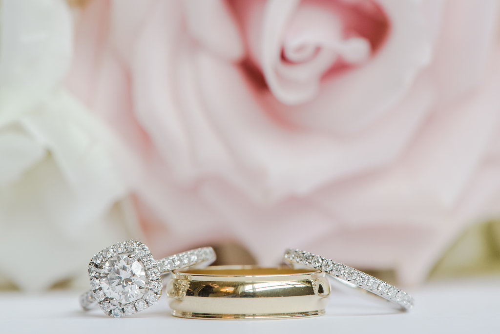 Diamond Engagement and Wedding Ring and Gold Wedding Band