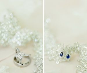 Bridal Jewelry with Blue Sapphire Tear Drop Earrings, Diamond Engagement Ring and Hammered White Gold Mens Wedding Band