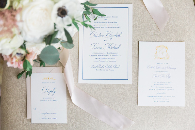 Elegant Southern Charm Blue White and Gold Wedding Invitation Suite with Custom Monogram | Tampa Bay Paper Goods A and P Designs