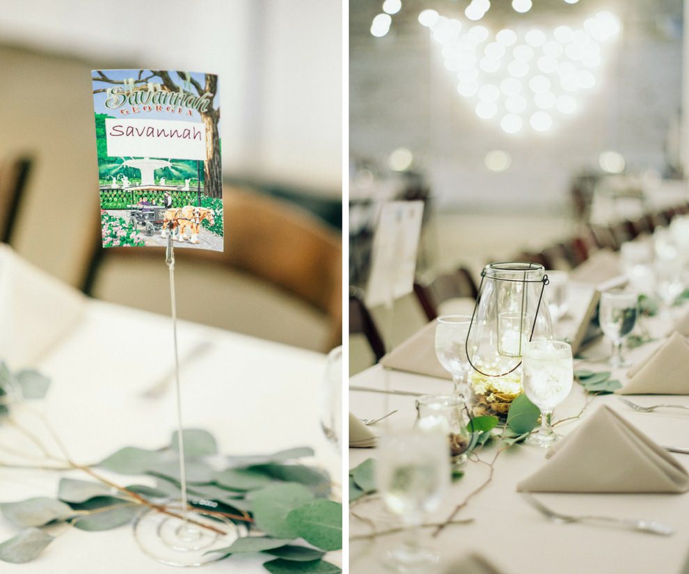 Vintage Travel Inspired Wedding Reception Ivory Feasting Table with City Postcard Table Number and Minimalist Greenery Garland Centerpiece | Tampa Bay Planner Glitz Events