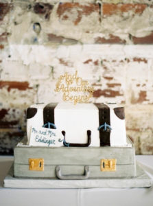 Two Tier Stacked Vintage Suitcase Wedding Cake with Custom Gold Cake Topper