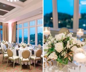 Hotel Ballroom White Copper and Greenery Wedding Reception with Low White Rose Centerpiece, and Glass Votive Candle Holders | Downtown St Pete Unique Hotel Wedding Venue The Birchwood