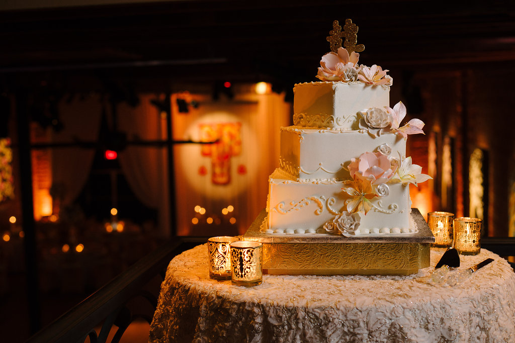 Blush Pink and Gold Multicultural Wedding Reception with Three Tier Square Wedding Cake with Sugar Flowers, Gold Glitter Chinese Character Cake Topper, on Gold Cake Stand with Votive Candles on Textured Linen | Unique Downtown St Pete Venue NOVA 535