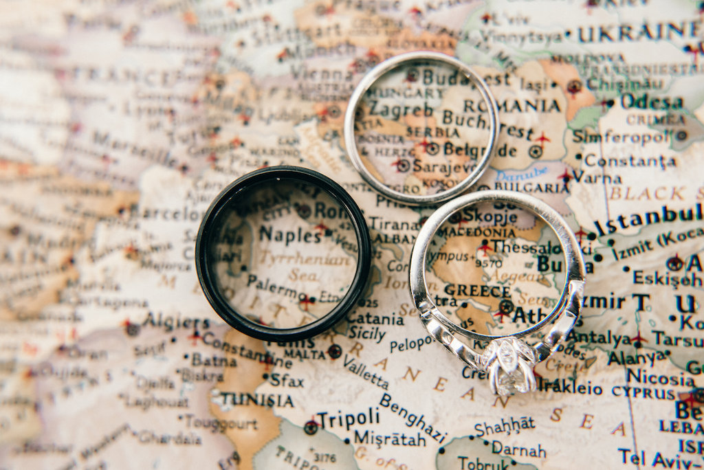 Vintage Travel Inspired Wedding and Engagement Ring, Black Mens Wedding Band on Old Map of Europe
