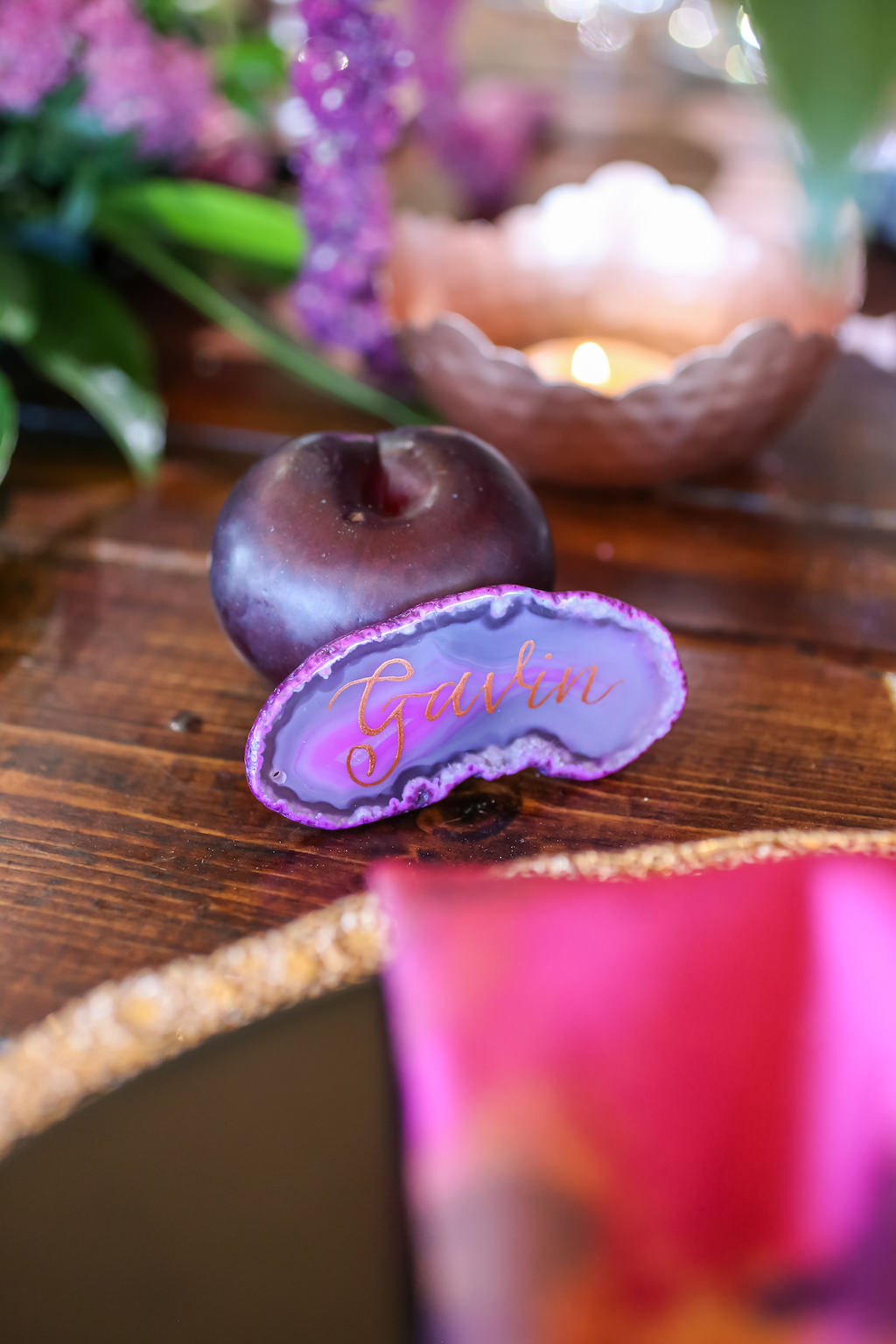 Vibrant Whimsical Fuchsia and Plum Wedding Reception with Geode Copper Script Place Card | Tampa Bay Wedding Planner Kelly Kennedy Weddings and Events | Calligraphy by Sarah Bubar Designs