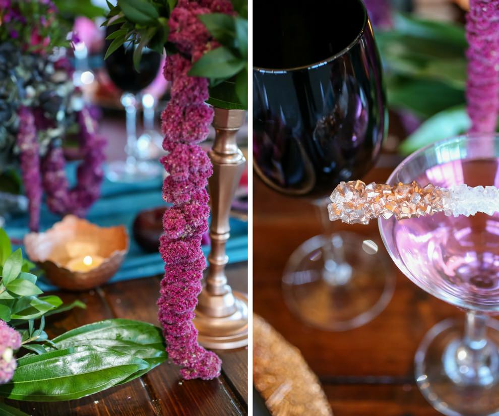 Wedding Reception Table Detail with Cascading Fuchsia Floral with Greenery Low Centerpiece in Copper Candleholder, Turquoise LInens, Black Wine Glasses and Rock Candy Favor | Tampa Bay Wedding Florist Gabro Event Services