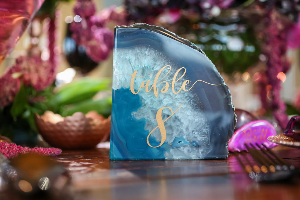 Whimsical Fuchsia and Plum Wedding Reception with Blue Geode Copper Script Table Number | Tampa Bay Wedding Planner Kelly Kennedy Weddings and Events | Calligraphy by Sarah Bubar Designs